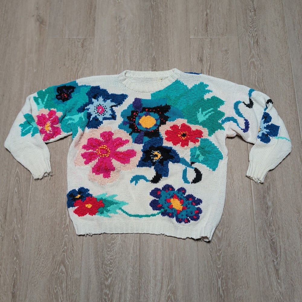 Vintage Hand Knit Floral Sweater Cream Multi Crewneck Slouchy Retro Large‎